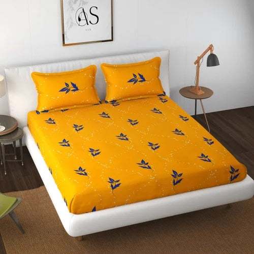 પીળા સ્પાર્કલ લીફ પ્રિન્ટેડ સ્થિતિસ્થાપક ફીટેડ કિંગ સાઈઝ બેડશીટ ઓશીકાના કવર સાથે | હોમ કલેક્ટિવ દ્વારા