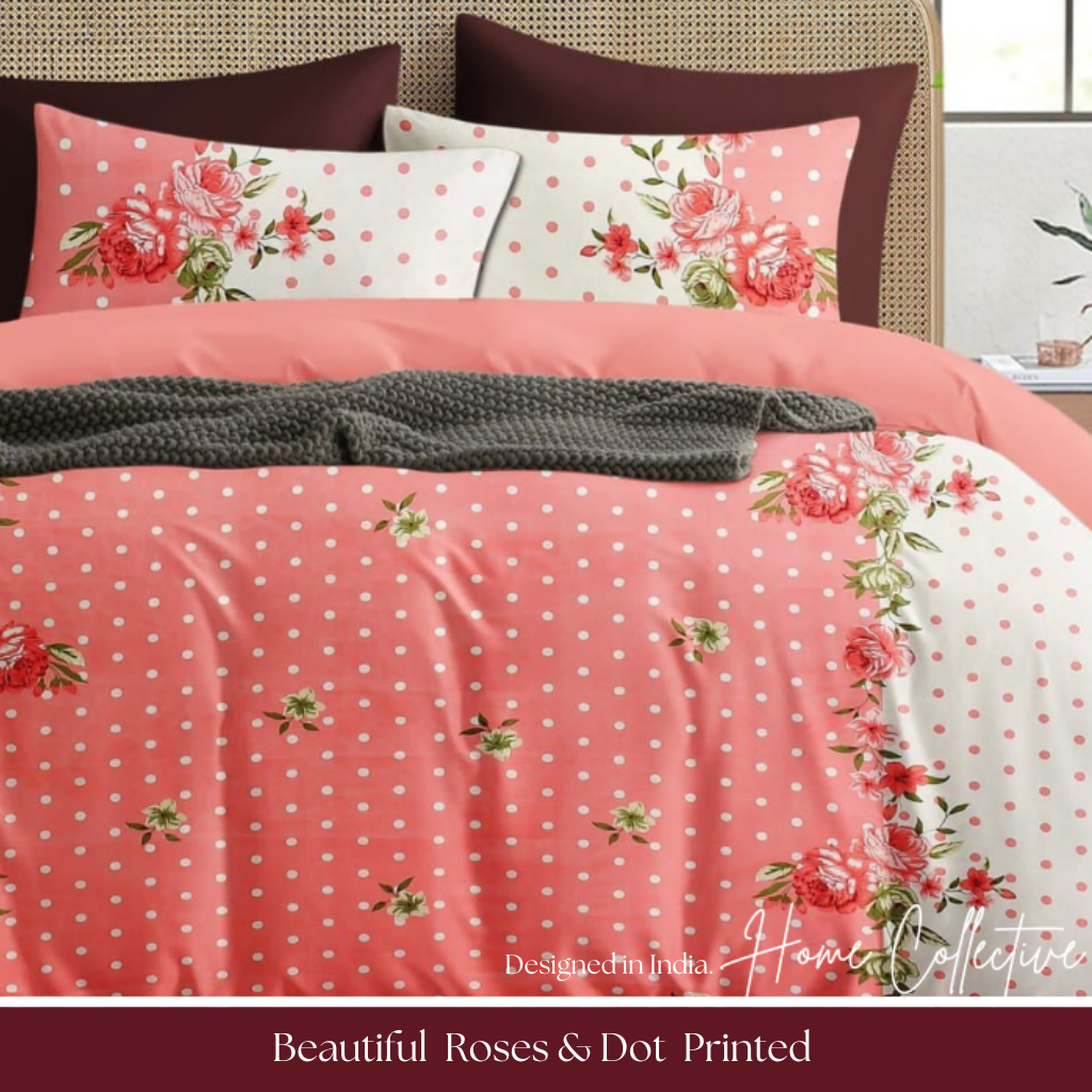 Pink Color Rose Floral Printed 210 TC Cotton Queen size Bedsheet with 2 Pillow covers |by Home Collective