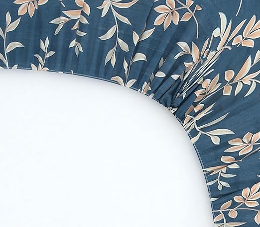Navy Leaf Cotton  Elastic Fitted king size Bedsheet with Pillow cover |by Home Collective