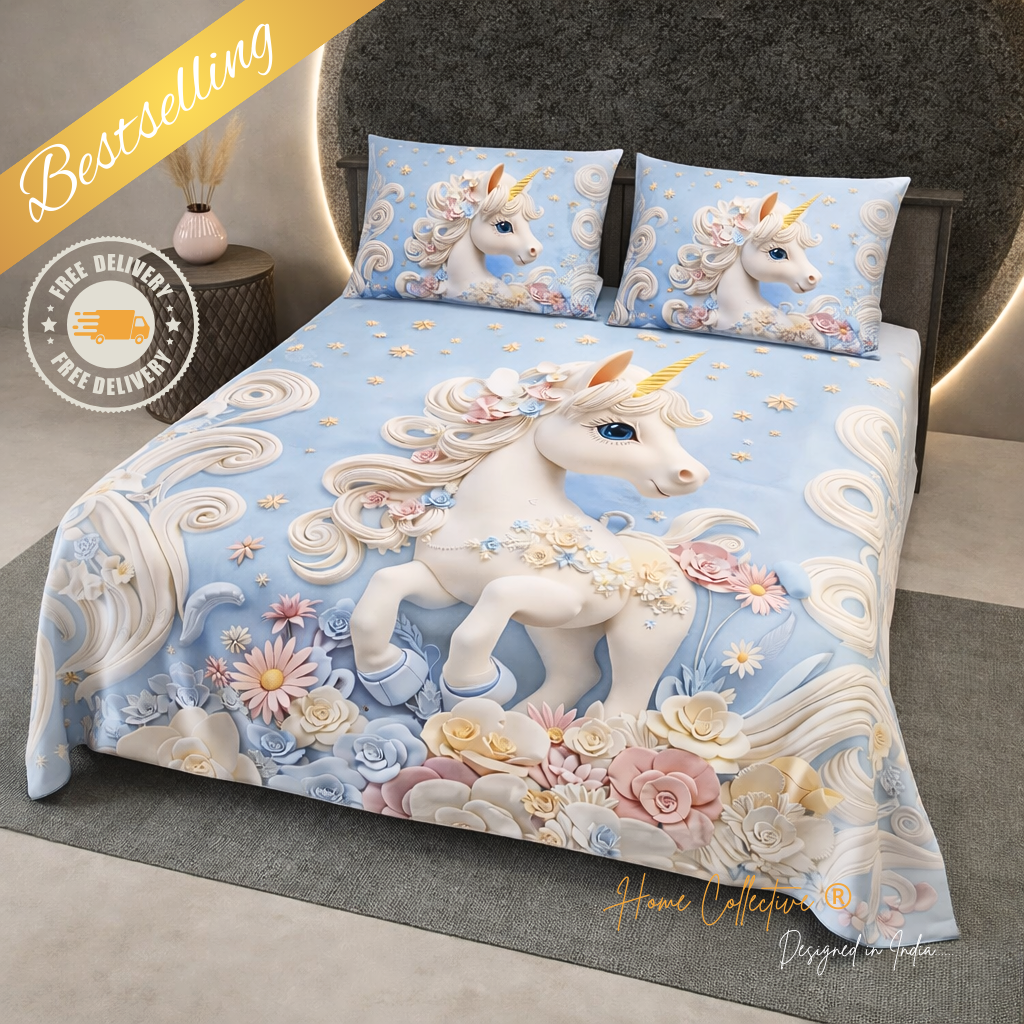 Dreamy Unicorn Floral 7D Digital Printed 310 TC Cotton Queen size Bedsheet set  by Home Collective