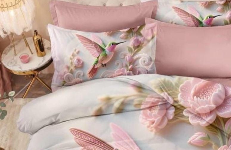 Blush Hummingbird Floral 7D Digital Printed Cotton Queen size Bedsheet set |Super soft 310 TC