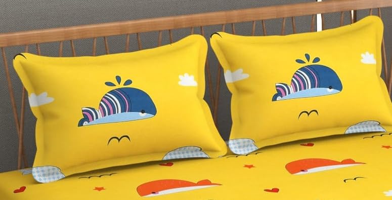 Kids Fish Character Printed Cotton Elastic Fitted King size Bedsheets with Pillow covers |by Home Collective