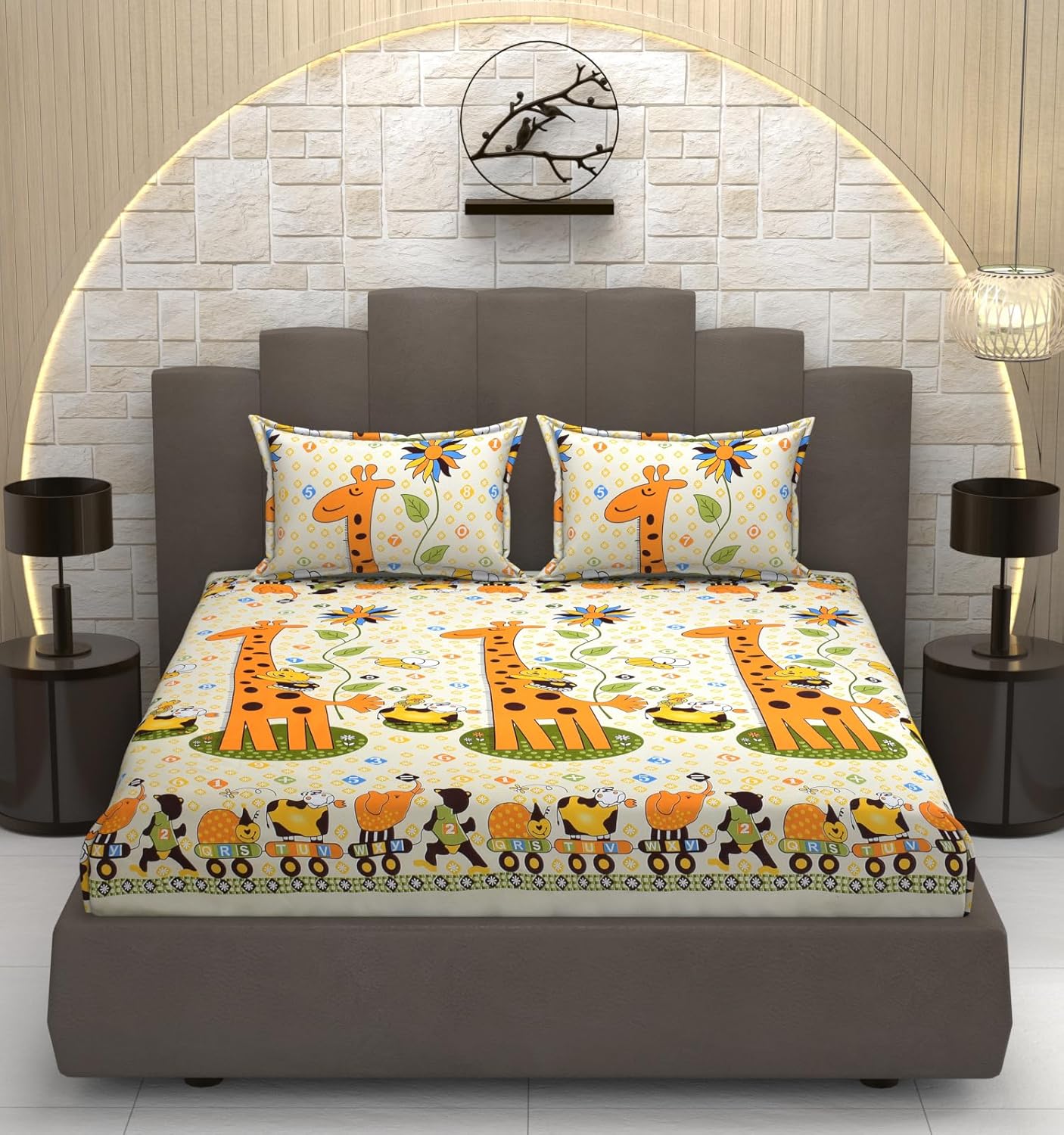 Ziraff Animal Printed Kids Cotton 360 Degree Elastic Fitted Bedsheets with Pillow case