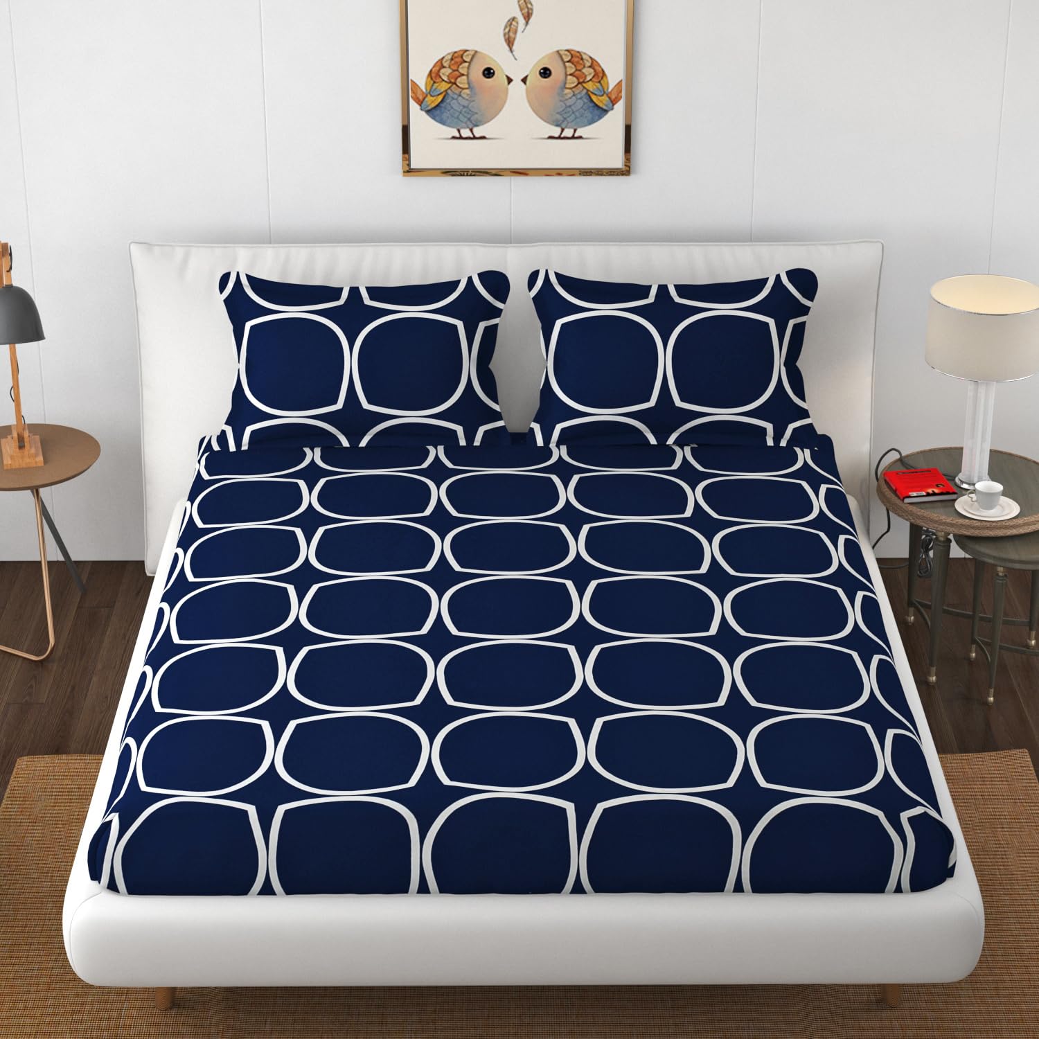Blue leaf Pattern Cotton Elastic Fitted Bedsheet & Pillow cover set |by Home Collective
