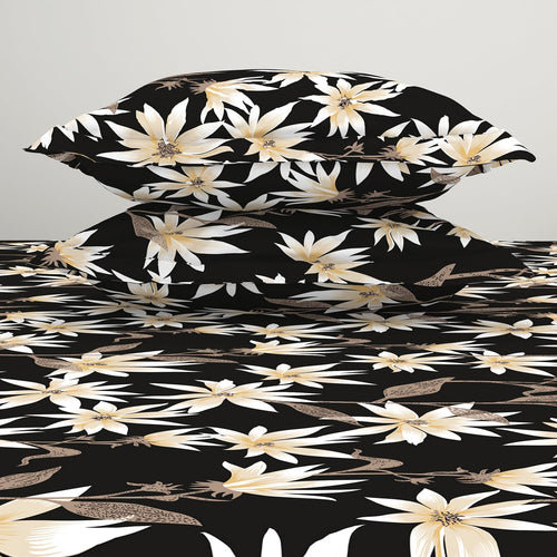 Black Premium Floral Cotton Printed Elastic Fitted Bedsheets with Pillow covers |by Home Collective