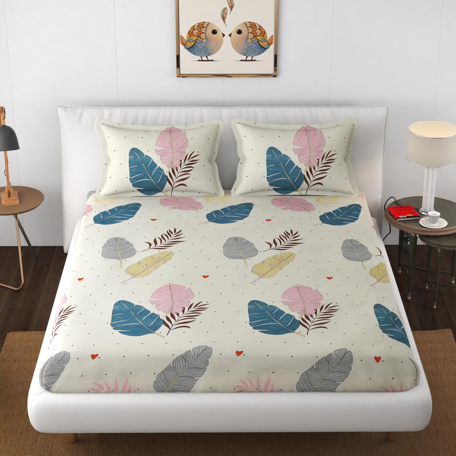 Magical Feathers Printed Cotton Elastic Fitted Cotton king size Bedsheets with Pillow covers|by Home Collective