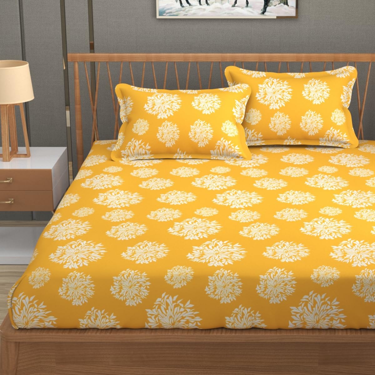 Yellow Saffron Floral Print |210Tc Cotton Queen size Bedsheet set (Buy 1 Get 1 Free)