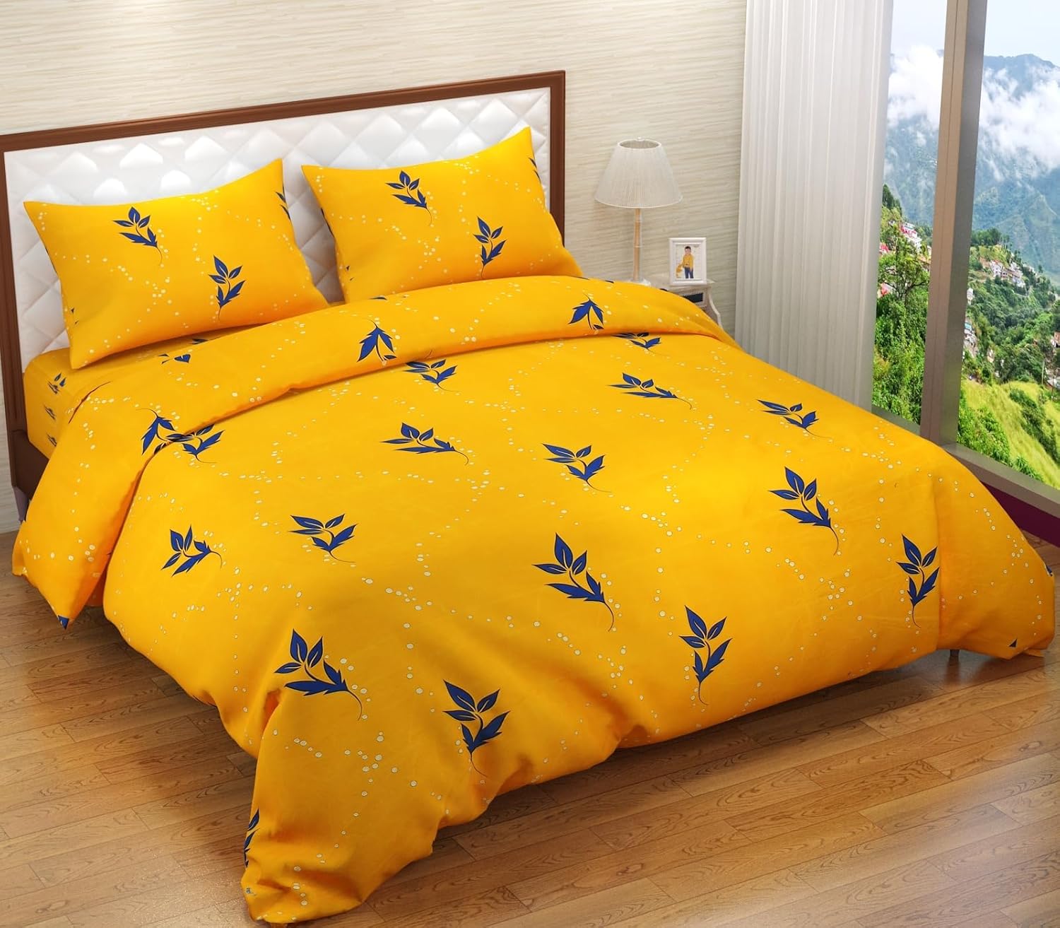 Premium Cotton 210 TC Leaf Printed Flat Queen size Bedsheets with 2 Pillow Covers | by Home Collective