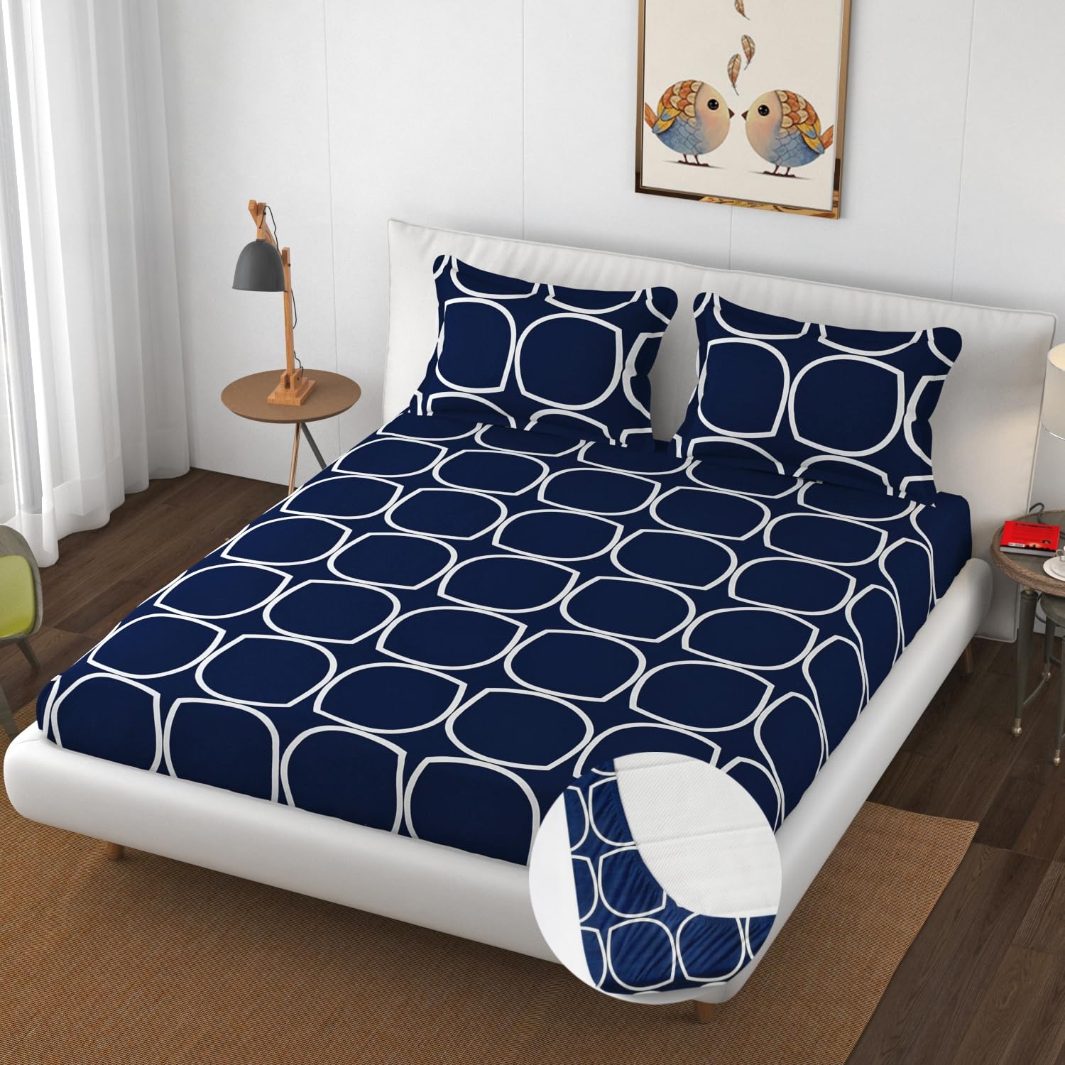 Blue leaf Pattern Cotton Elastic Fitted Bedsheet & Pillow cover set |by Home Collective