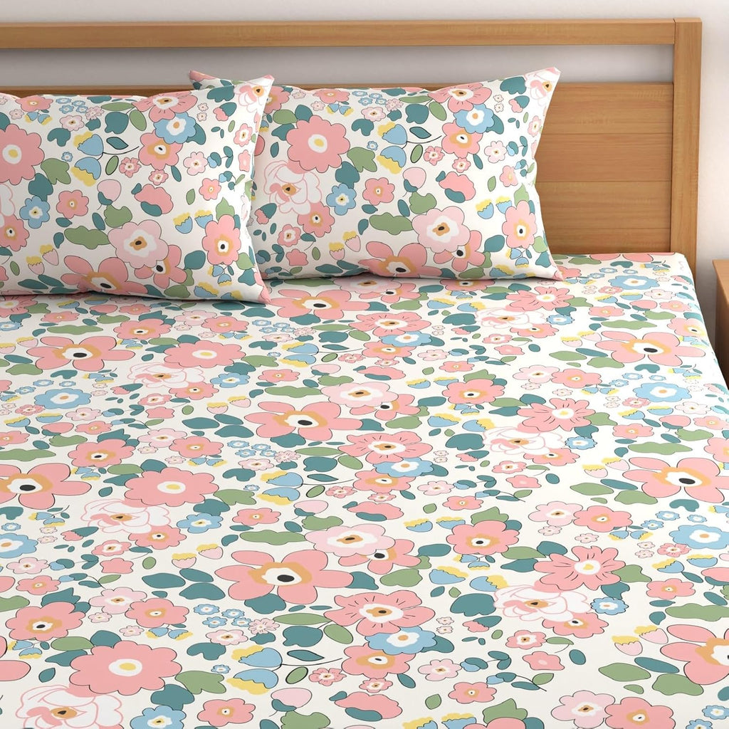 Beautiful Pink Flower | 210 TC Cotton Queen size Bedsheets set  (Buy 1 & Get 1 Free)