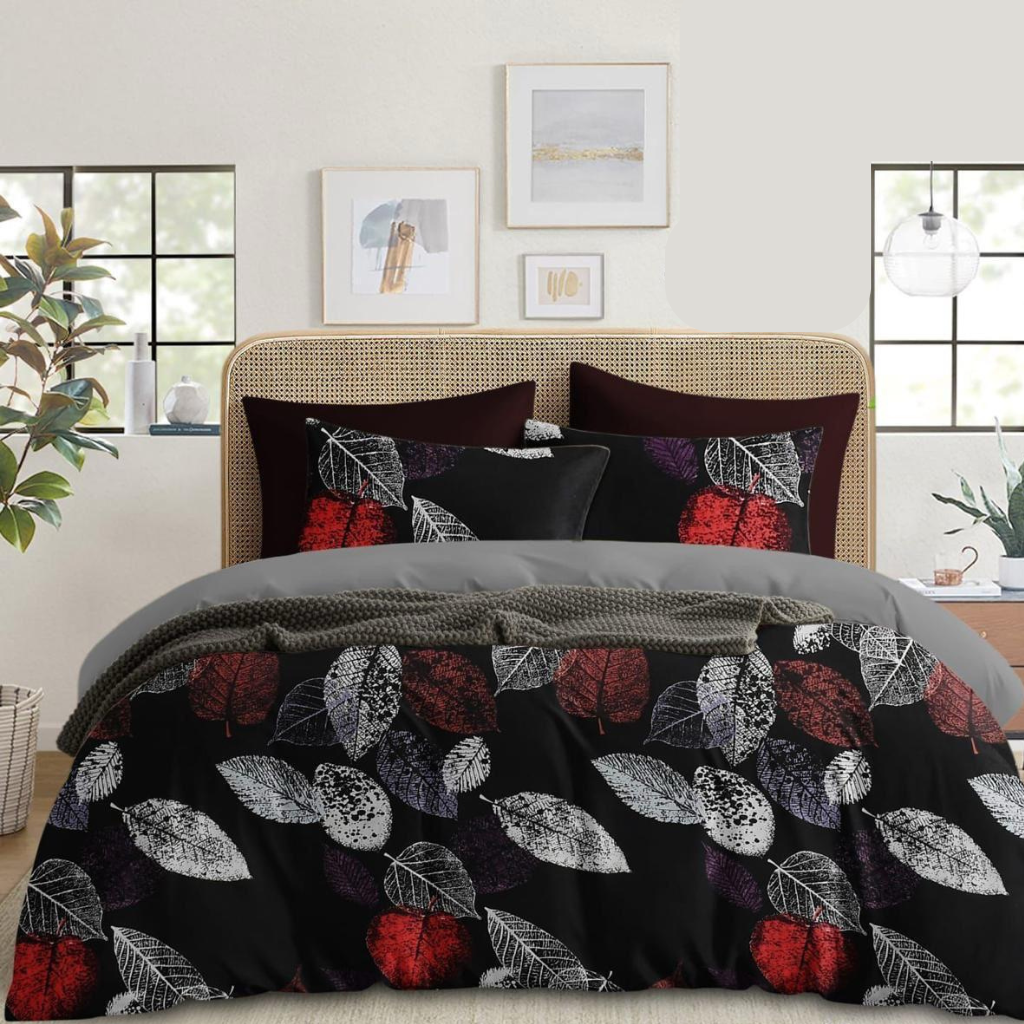 Black Painted leaf Pattern | 210 Tc Cotton Queen size Bedsheet set (Buy 1 Get 1 Free )