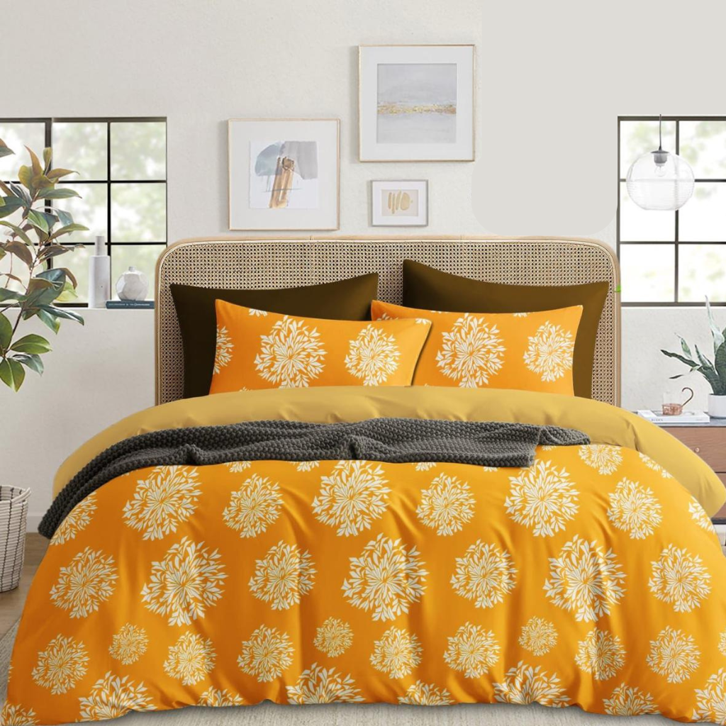 Yellow saffron Floral Printed 210 TC Cotton Queen size Bedsheet with 2 Pillow covers| by Home Collective
