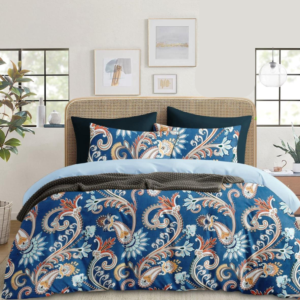 Premium Cotton 210 TC Blue Paisley Design Flat Queen size Bedsheets with 2 Pillow Covers | by Home Collective