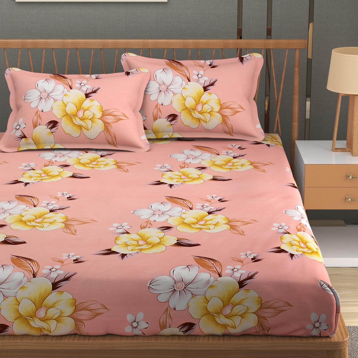 Pink Floral Printed Cotton Elastic Fitted Cotton king size Bedsheets with Pillow Covers|by Home Collective