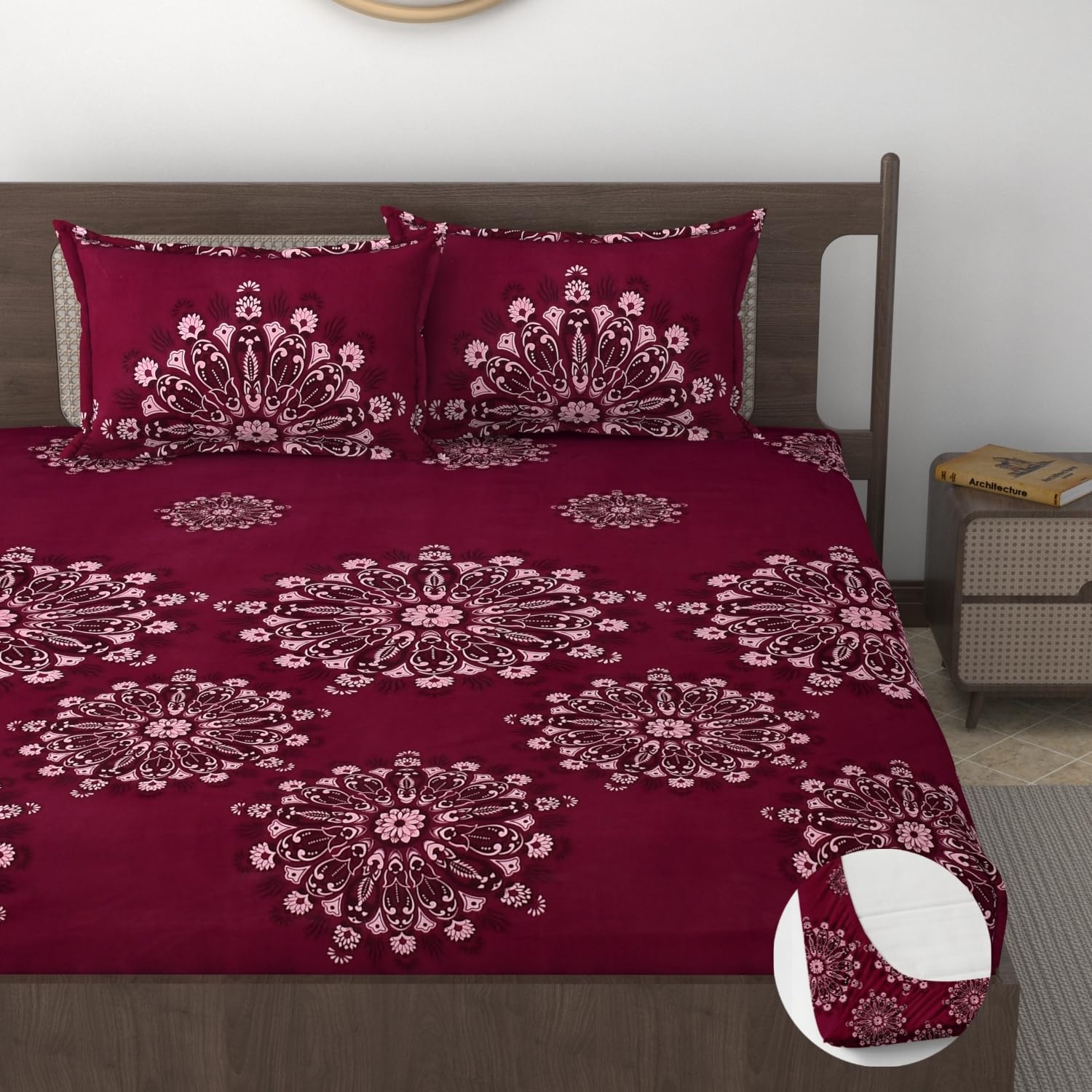 Maroon Mandala Printed Cotton Elastic Fitted Bedsheets with Pillow case |by Home Collective