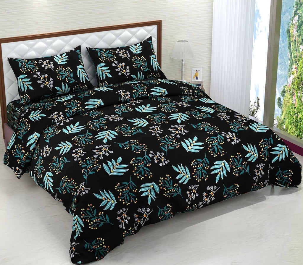 Green Tropical Leaves Printed |210Tc Cotton Queen size Bedsheet set (Buy 1 Get 1 Free)