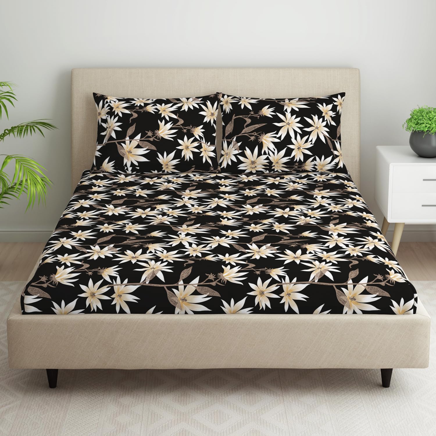 Black Premium Floral Cotton Printed Elastic Fitted Bedsheets with Pillow covers |by Home Collective