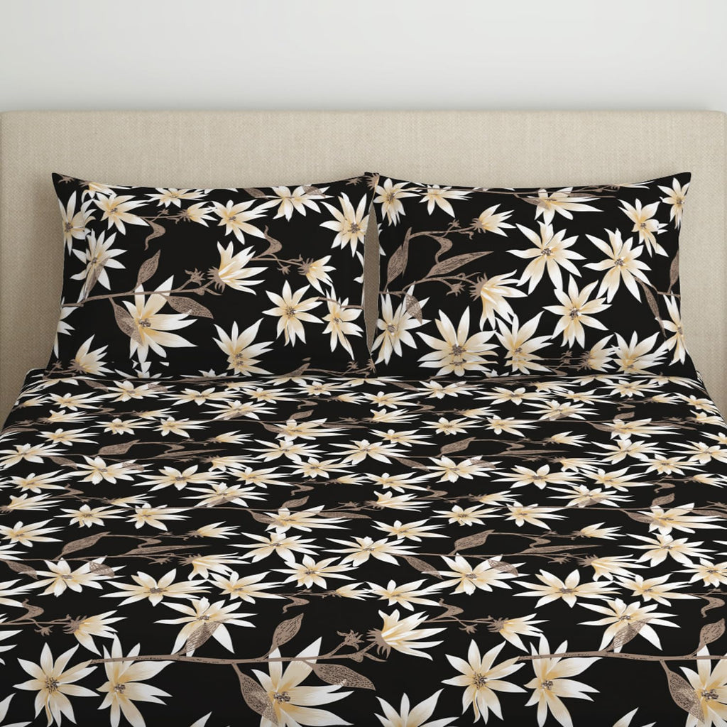 Black Premium Floral Cotton Printed Elastic Fitted Bedsheets with Pillow covers |by Home Collective