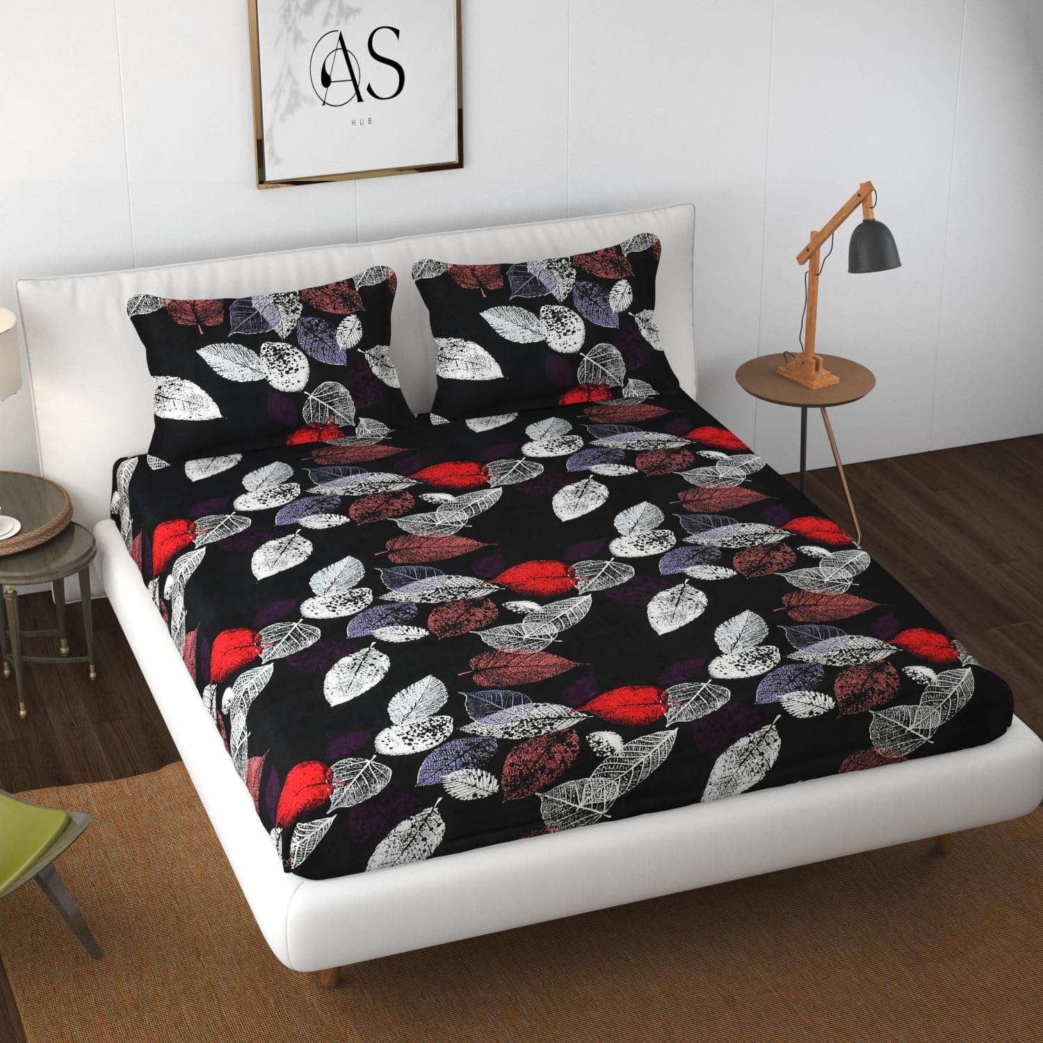 Premium Abstract Red & white leaf Printed Cotton Elastic Fitted Bedsheets with Pillow case |by Home Collective