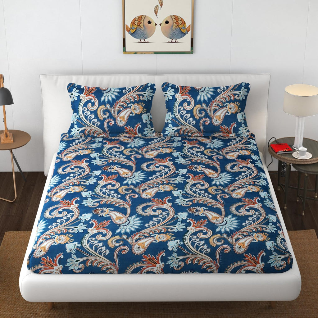 Blue Paisley Design Premium Cotton Fitted Bedsheets with Pillow covers |by Home Collective