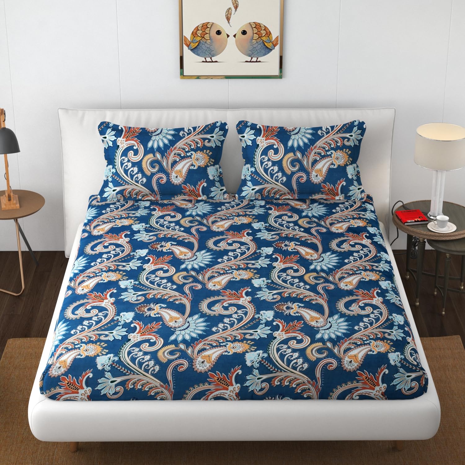 Blue Paisley Design Premium Cotton Fitted Bedsheets with Pillow covers |by Home Collective