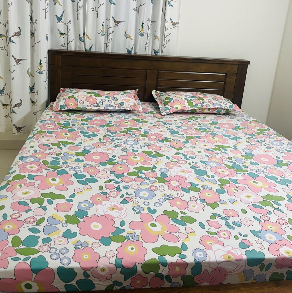 Premium Cotton Flat 210 Tc Floral Printed Queen size Bedsheets with 2 Pillow covers | Soft & Premium