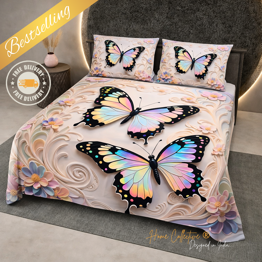 Dreamy Butterfly 7D Digital Printed Cotton 310 TC Queen size Bedsheet set |by Home Collective