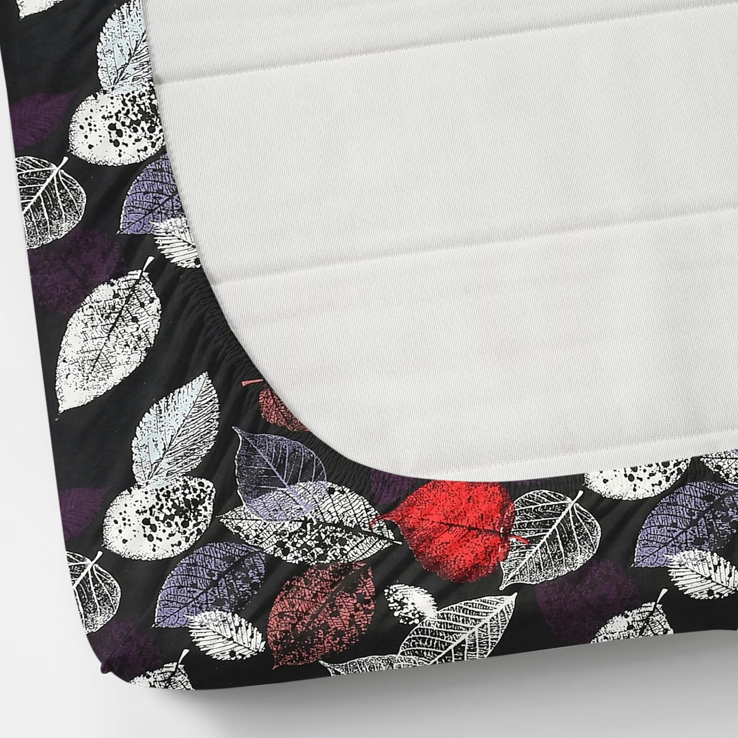 Premium Abstract Red & white leaf Printed Cotton Elastic Fitted Bedsheets with Pillow case |by Home Collective