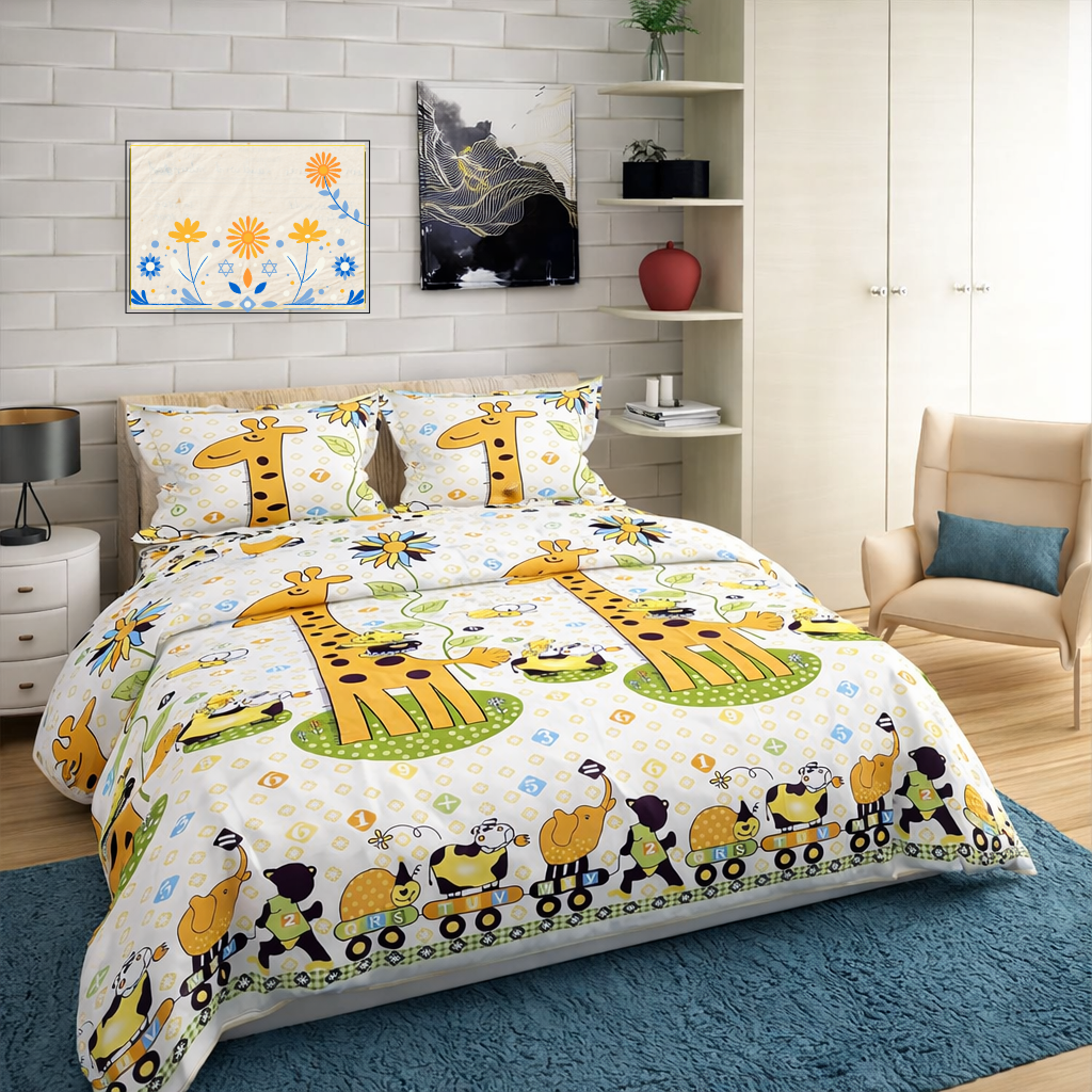 Kids cartoon Animal Printed 210 TC Cotton Queen size Bedsheet with 2 Pillow covers |by Home Collective