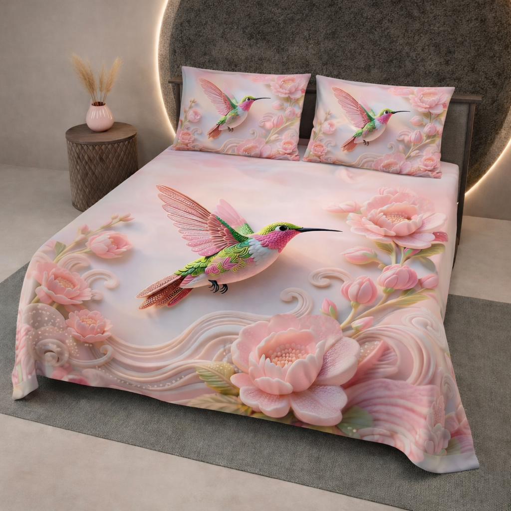 Blush Hummingbird Floral 7D Digital Printed Cotton Queen size Bedsheet set |Super soft 310 TC