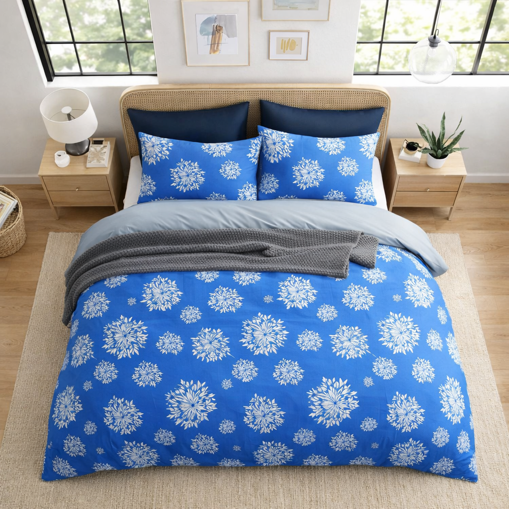 Blue Saffron Floral Printed 210 Tc Cotton Queen size Bedsheet with 2 Pillow covers |by Home Collective