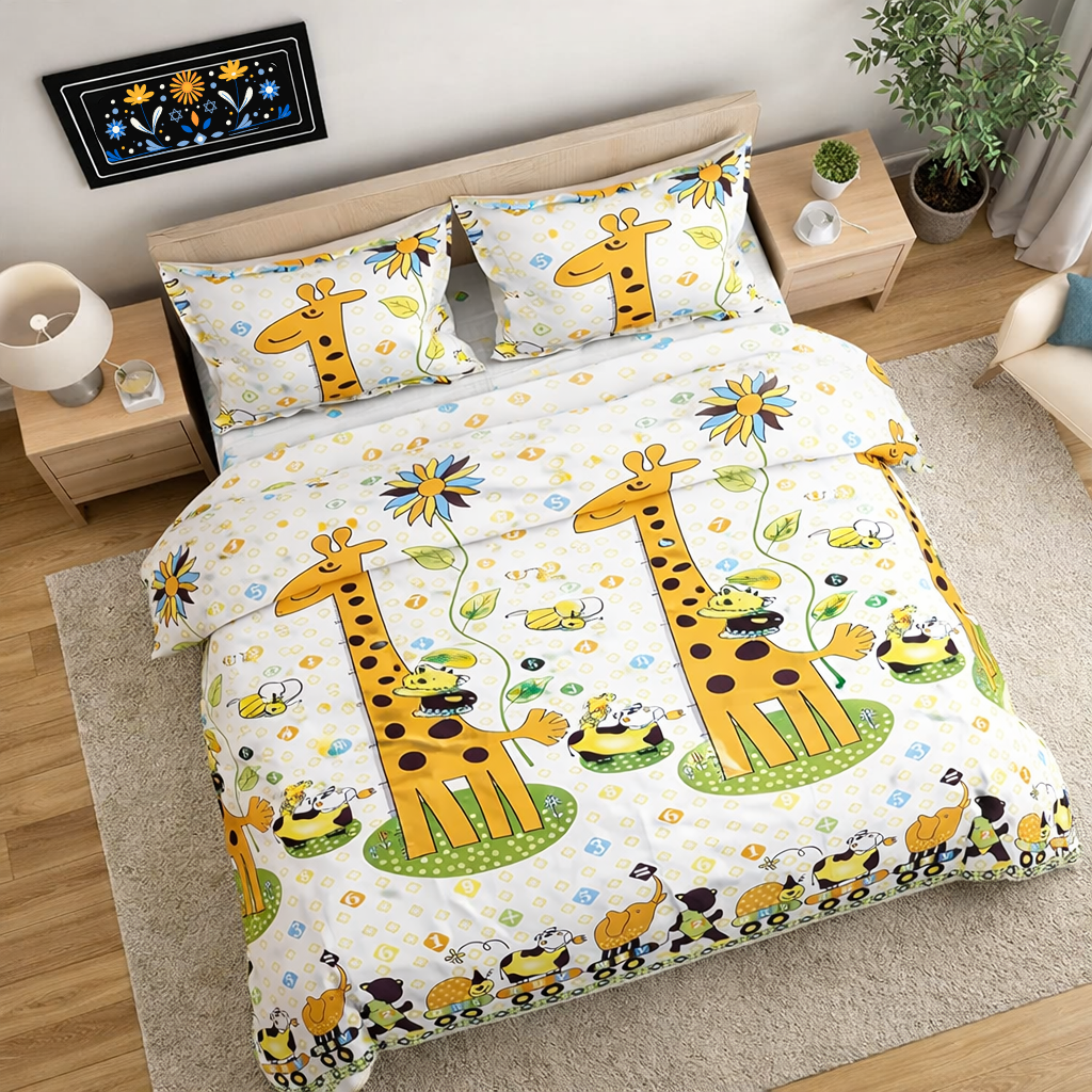 Kids cartoon Animal Printed 210 TC Cotton Queen size Bedsheet with 2 Pillow covers |by Home Collective