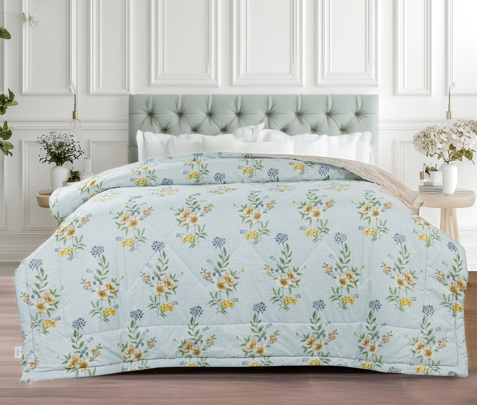 Light Blue Floral Soft & Fluffy Reversible Ac Room Printed Double Bed Comforters |by Home Collective