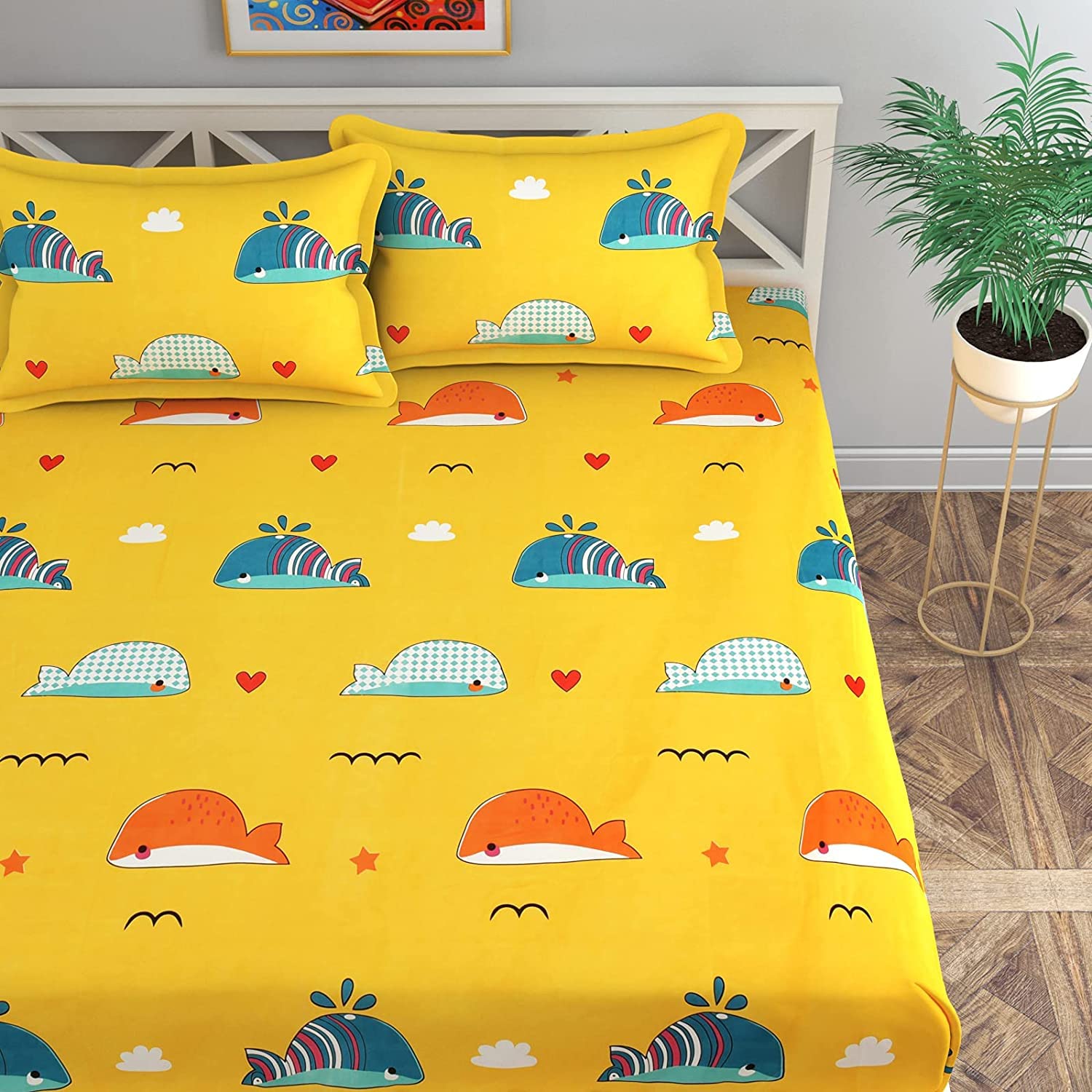 Kids Fish Character Printed Cotton Elastic Fitted King size Bedsheets with Pillow covers |by Home Collective