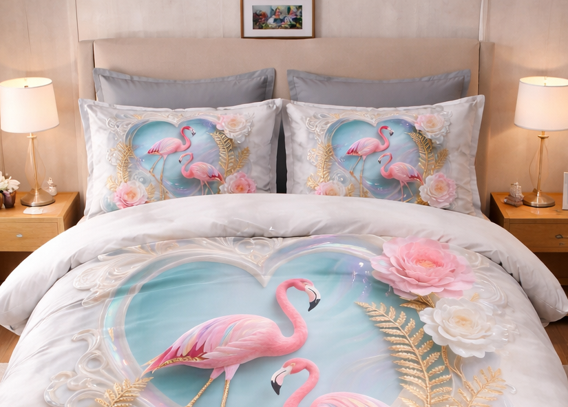 Pink Flamingo lovers Floral 7D Digital Printed Cotton 310 TC Queen size Bedsheet set |by Home Collective