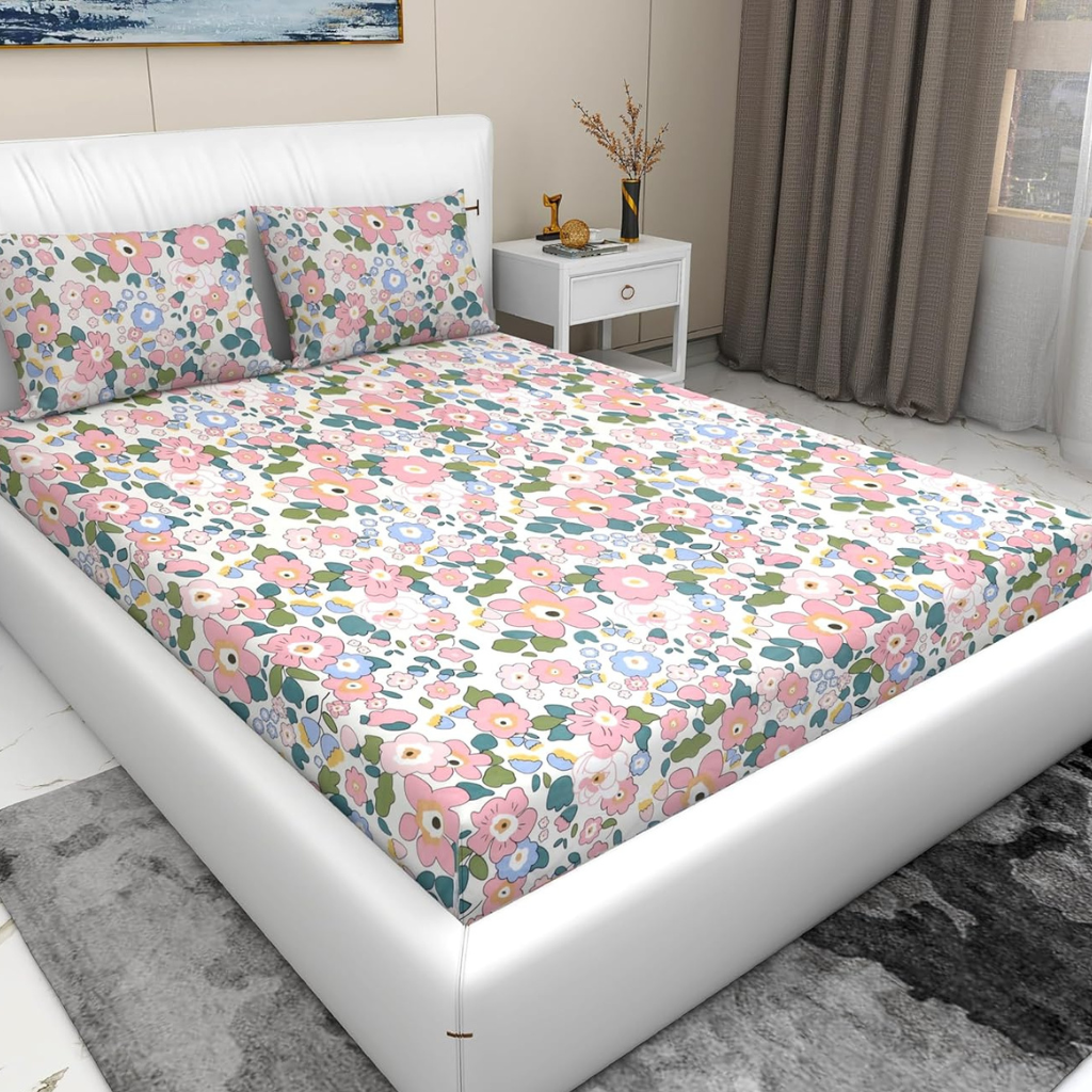 Pink White Cute Floral Printed Cotton Elastic Fitted Bedsheets with Pillow case |by Home Collective
