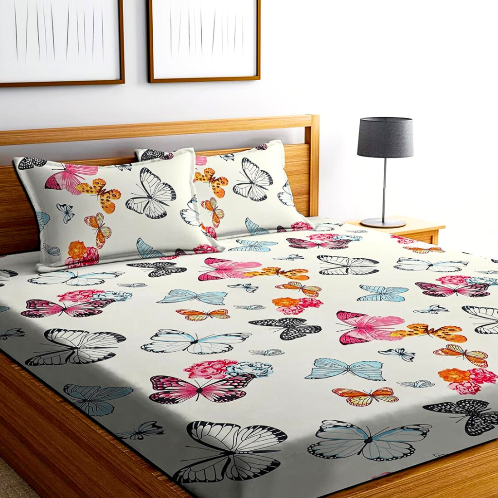 Cute Butterfly 360 Degree Elastic Fitted King size Bedsheets with Pillow covers |by Home Collective