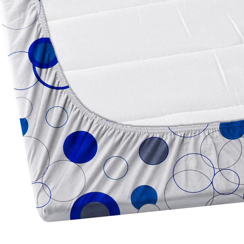 White Blue Circle Printed cotton Elastic Fitted Bedsheets with Two Pillow covers |by Home Collective