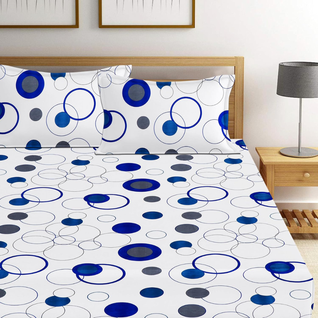 Blue Abstract Circle Printed 210 Tc Cotton Queen size Bedsheet with 2 Pillow covers |by Home Collective