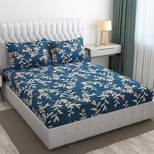 Navy Leaf Cotton  Elastic Fitted king size Bedsheet with Pillow cover |by Home Collective