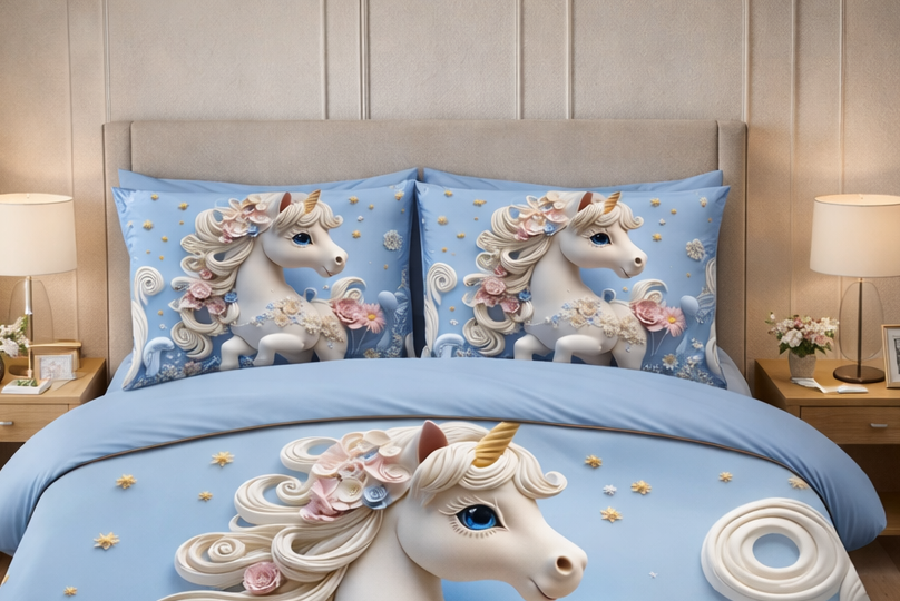 Dreamy Unicorn Floral 7D Digital Printed 310 TC Cotton Queen size Bedsheet set  by Home Collective