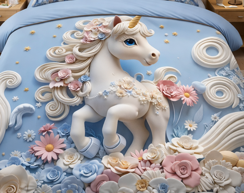Dreamy Unicorn Floral 7D Digital Printed 310 TC Cotton Queen size Bedsheet set  by Home Collective