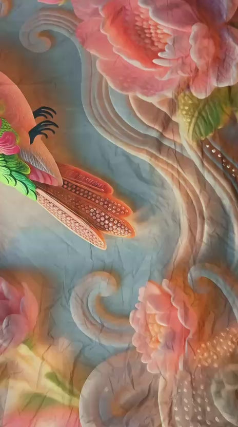 Blush Hummingbird Floral 7D Digital Printed Cotton Queen size Bedsheet set |Super soft 310 TC